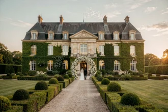 Vue d'ensemble d'un château du Loiret aménagé en salle de mariage, avec jardin à la française et couple de mariés en arrière-plan