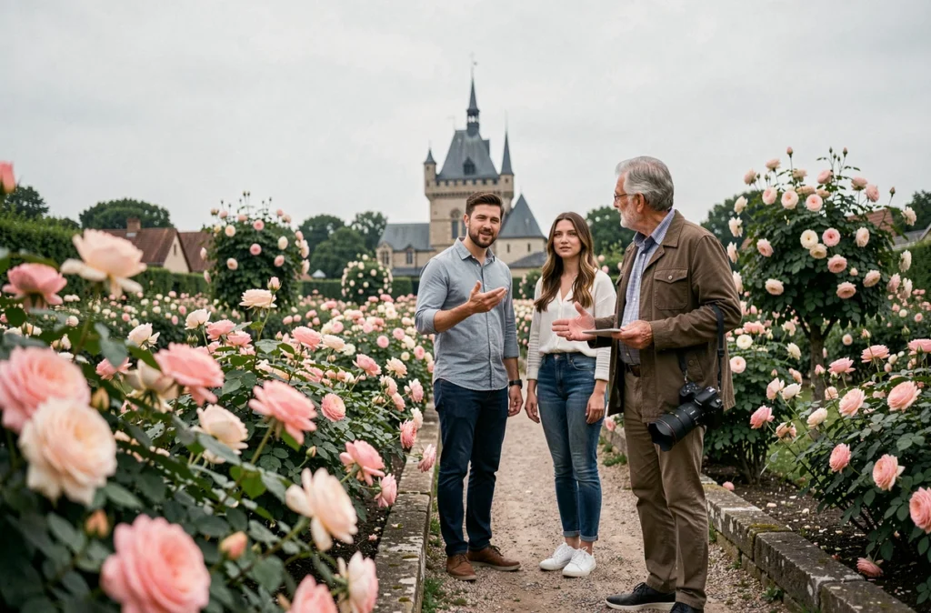Photographe dirigeant un couple lors d'une séance portrait dans les jardins de roses de Provins avec la Tour César en arrière-plan