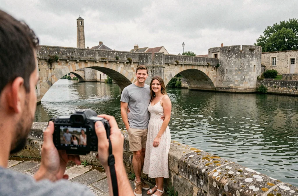 Couple posant sur le pont de Saintes lors d'une séance photo avec un photographe professionnel