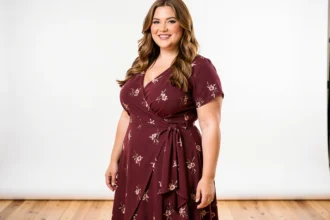 Femme ronde en robe bordeaux posant avec confiance lors d'une séance photo professionnelle en studio