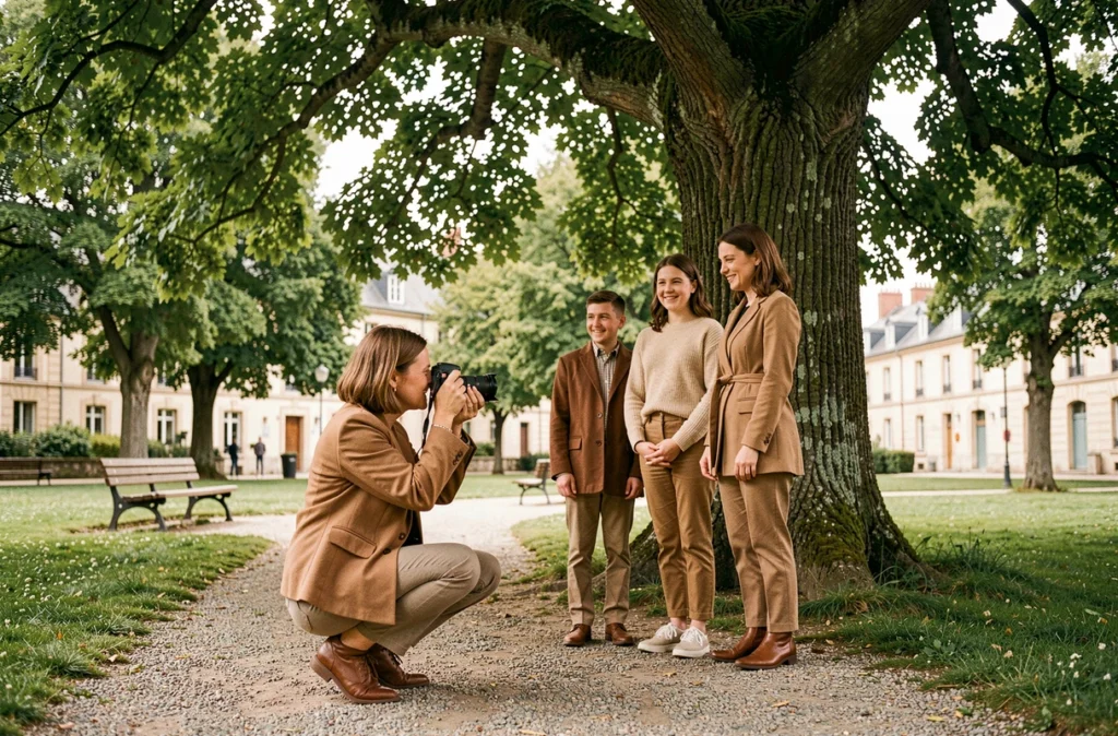 Photographe à Brignais en plein shooting en extérieur avec une famille dans un parc de la ville