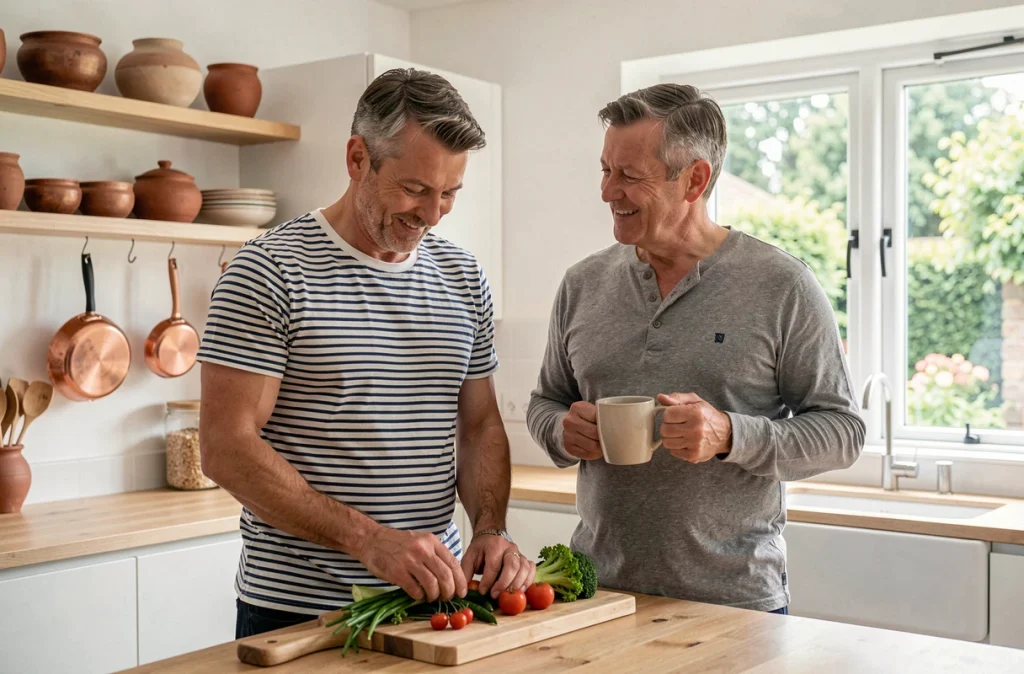 Deux hommes complices préparant un repas ensemble dans une cuisine moderne lumineuse avec des étagères ouvertes et des ustensiles en cuivre