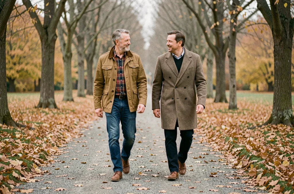 Deux hommes se promenant côte à côte sur une allée bordée d'arbres en automne avec des feuilles dorées sur le sol