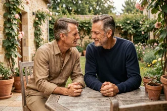 Deux hommes souriants partageant un moment complice sur une terrasse en bois entourée d'un jardin verdoyant à la campagne
