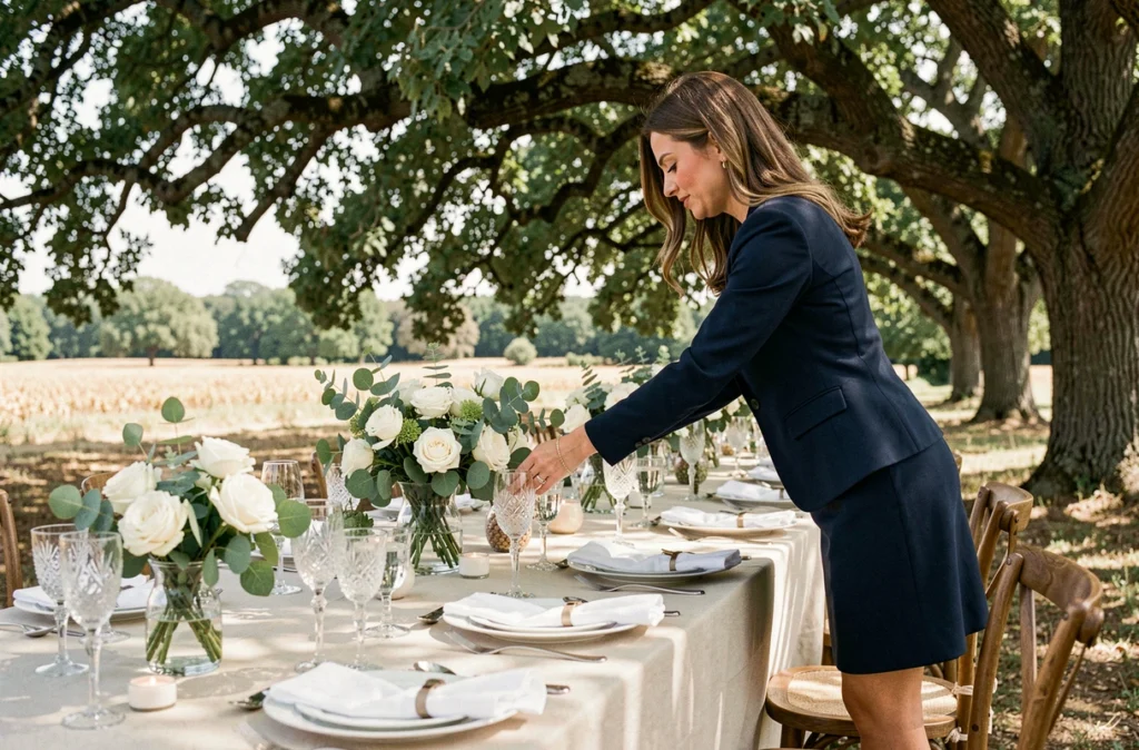 Planificatrice de mariage Symbiose Wedding & Event Planning arrangeant une table de réception élégante en plein air dans le Bordelais