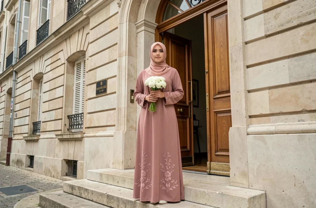 Femme voilée en abaya rose poudré brodée tenant un bouquet devant une mairie pour un mariage civil