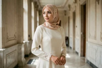 Femme voilée élégante en robe ivoire longue manches et hijab champagne pour un mariage civil