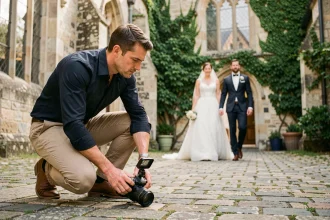 Vidéaste de mariage en pleine action filmant les mariés dans une cour d'église en pierre, style film little story